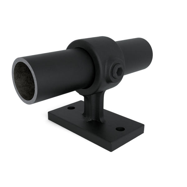 Buiskoppeling Leuningdrager zwart 33,7 mm - vooraanzicht met buizen (Steigerbuisstunter.nl)