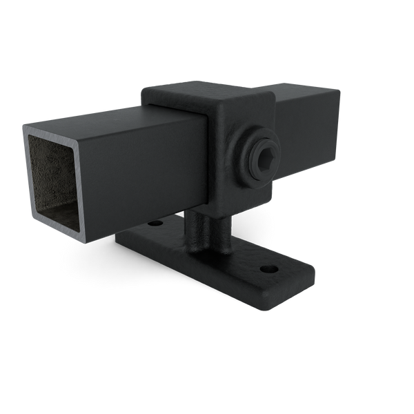 Buiskoppeling Leuningdrager zwart 25 mm vierkant - vooraanzicht met buizen (Steigerbuisstunter.nl)