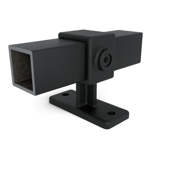 Buiskoppeling Leuningdrager zwart 40 mm vierkant - vooraanzicht met buizen (Steigerbuisstunter.nl)