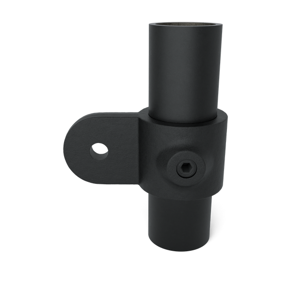 Buiskoppeling Oogdeel Scharnierstuk - zwart voor buiten - 42,4 mm - vooraanzicht met buizen (Steigerbuisstunter.nl)