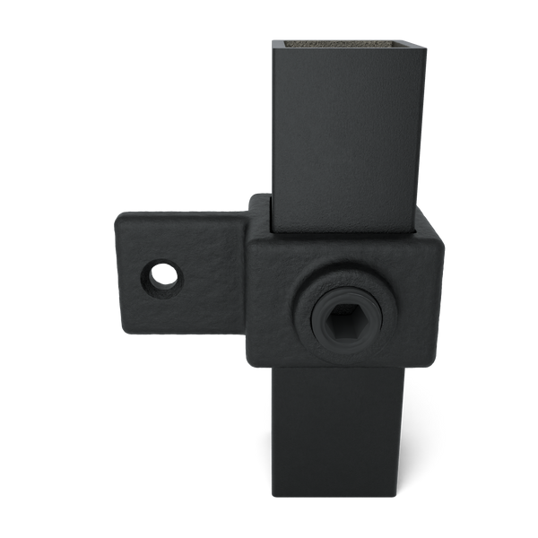 Buiskoppeling Oogdeel scharnierstuk zwart 25 mm vierkant - vooraanzicht met buizen (Steigerbuisstunter.nl)