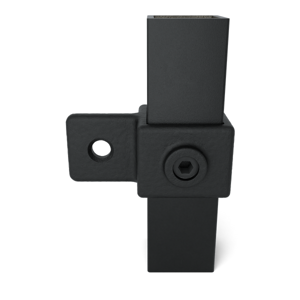 Buiskoppeling Oogdeel scharnierstuk zwart 40 mm vierkant - vooraanzicht met buizen (Steigerbuisstunter.nl)