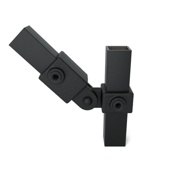 Buiskoppeling Scharnierstuk enkel zwart 25 mm vierkant - vooraanzicht met buizen (Steigerbuisstunter.nl)