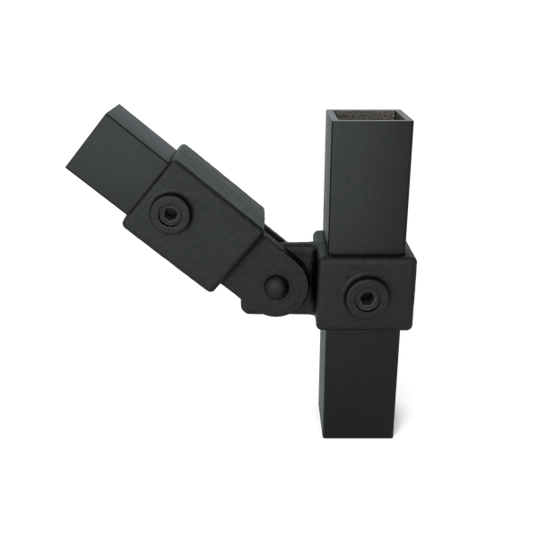 Buiskoppeling Scharnierstuk enkel zwart 40 mm vierkant - vooraanzicht met buizen (Steigerbuisstunter.nl)