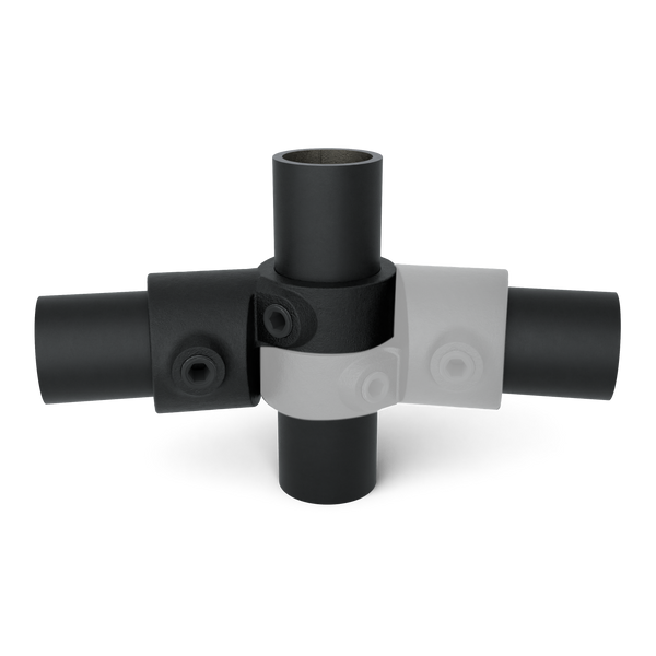 Buiskoppeling Verstelbaar hoekstuk zwart 26,9 mm - 1 stuk - vooraanzicht met buizen (Steigerbuisstunter.nl)