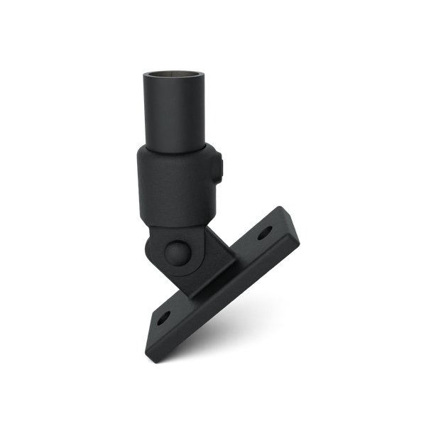 Buiskoppeling Scharniervoet zwart 48,3 mm - vooraanzicht met buizen (Steigerbuisstunter.nl)