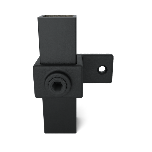 Buiskoppeling Bevestigingsring enkel zwart 25 mm vierkant - vooraanzicht met buizen (Steigerbuisstunter.nl)