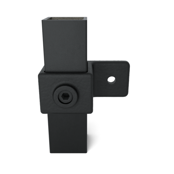 Buiskoppeling Bevestigingsring enkel zwart 40 mm vierkant - vooraanzicht met buizen (Steigerbuisstunter.nl)