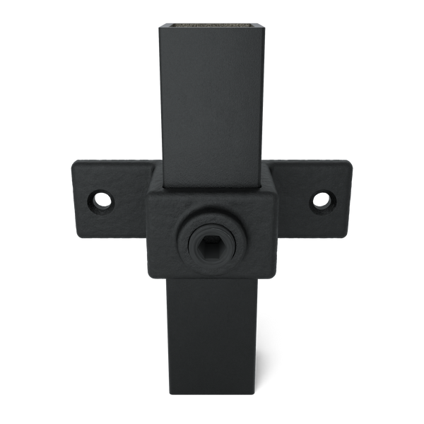 Buiskoppeling Bevestigingsring dubbel zwart 25 mm vierkant - vooraanzicht met buizen (Steigerbuisstunter.nl)