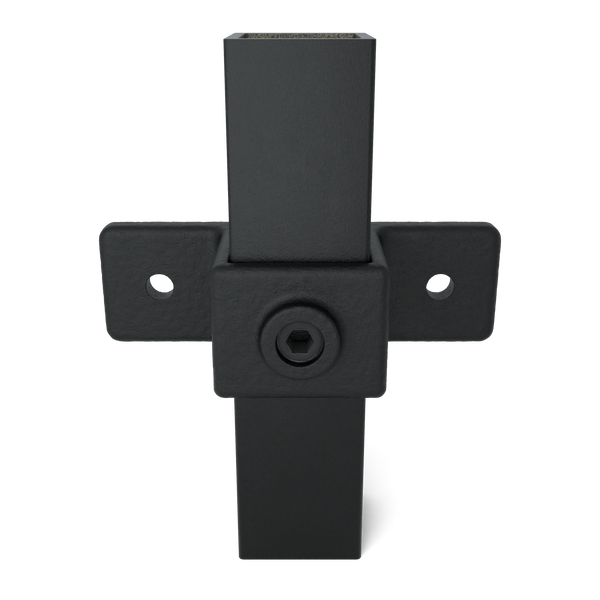 Buiskoppeling Bevestigingsring dubbel zwart 40 mm vierkant - vooraanzicht met buizen (Steigerbuisstunter.nl)