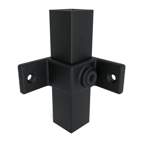 Buiskoppeling Bevestigingsring dubbel 90° zwart 25 mm vierkant - vooraanzicht met buizen (Steigerbuisstunter.nl)