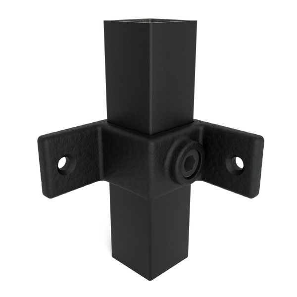 Buiskoppeling Bevestigingsring dubbel 90º zwart 40 mm vierkant - vooraanzicht met buizen (Steigerbuisstunter.nl)