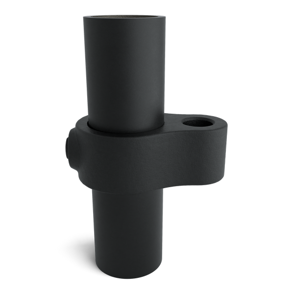 Buiskoppeling Scharnieroog zwart 42,4 mm - vooraanzicht met buizen (Steigerbuisstunter.nl)