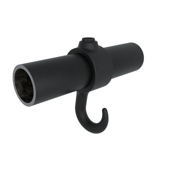 Buiskoppeling Kapstokhaak zwart 48,3 mm - vooraanzicht met buizen (Steigerbuisstunter.nl)