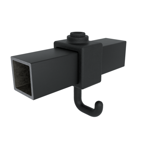 Buiskoppeling Kapstokhaak zwart 25 mm vierkant - vooraanzicht met buizen (Steigerbuisstunter.nl)