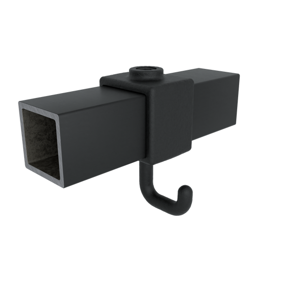 Buiskoppeling Kapstokhaak zwart 40 mm vierkant - vooraanzicht met buizen (Steigerbuisstunter.nl)