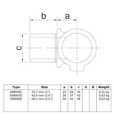 T-stuk intern draaibaar 48,3 mm technische tekening