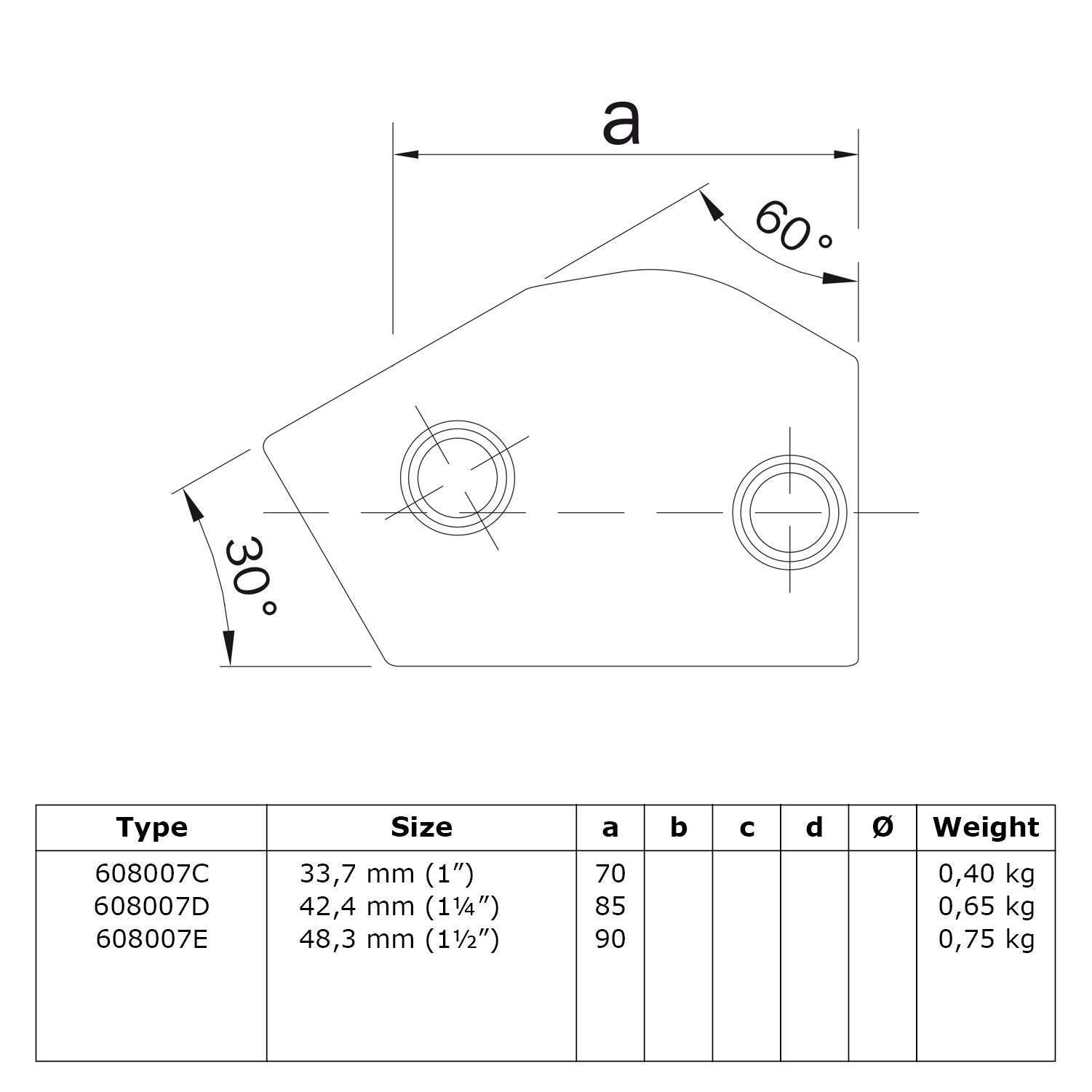 T-stuk kort verstelbaar 42,4 mm technische tekening