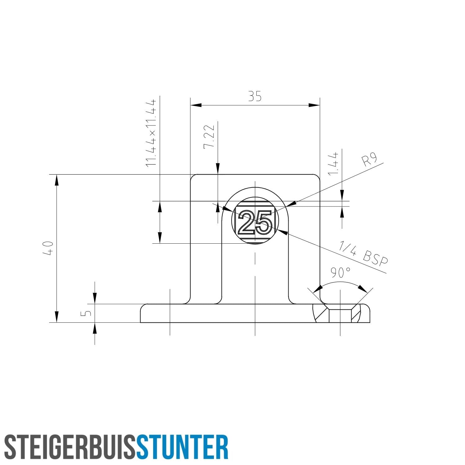 Voetplaat vierkant zwart 25 mm vierkant