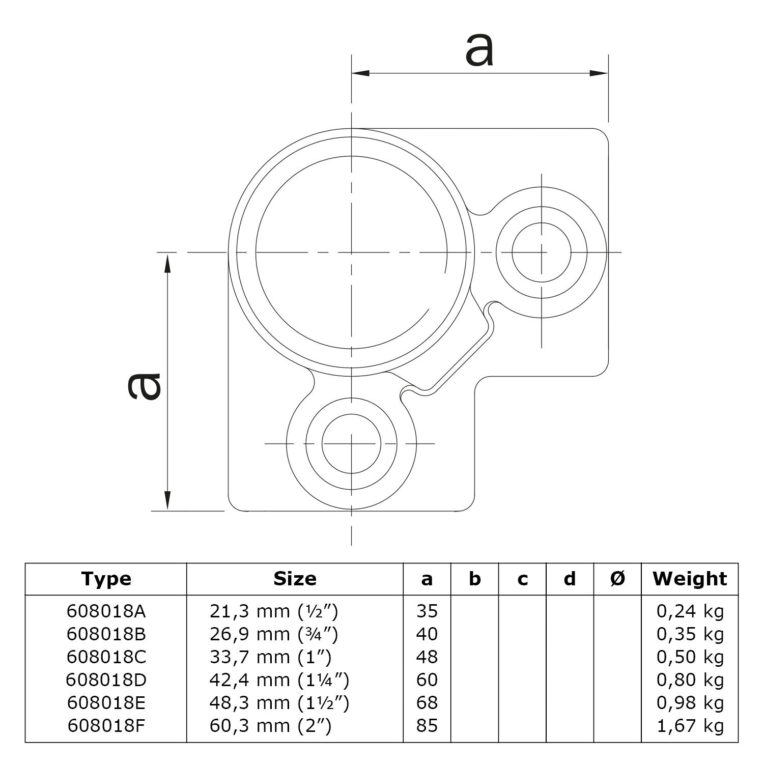 Kniestuk 3-weg 90º 48,3 mm technische tekening