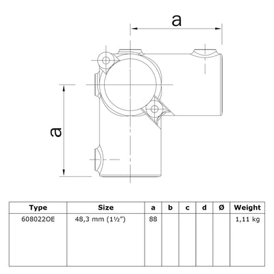Kruisstuk 1-vlak open 48,3 mm technische tekening