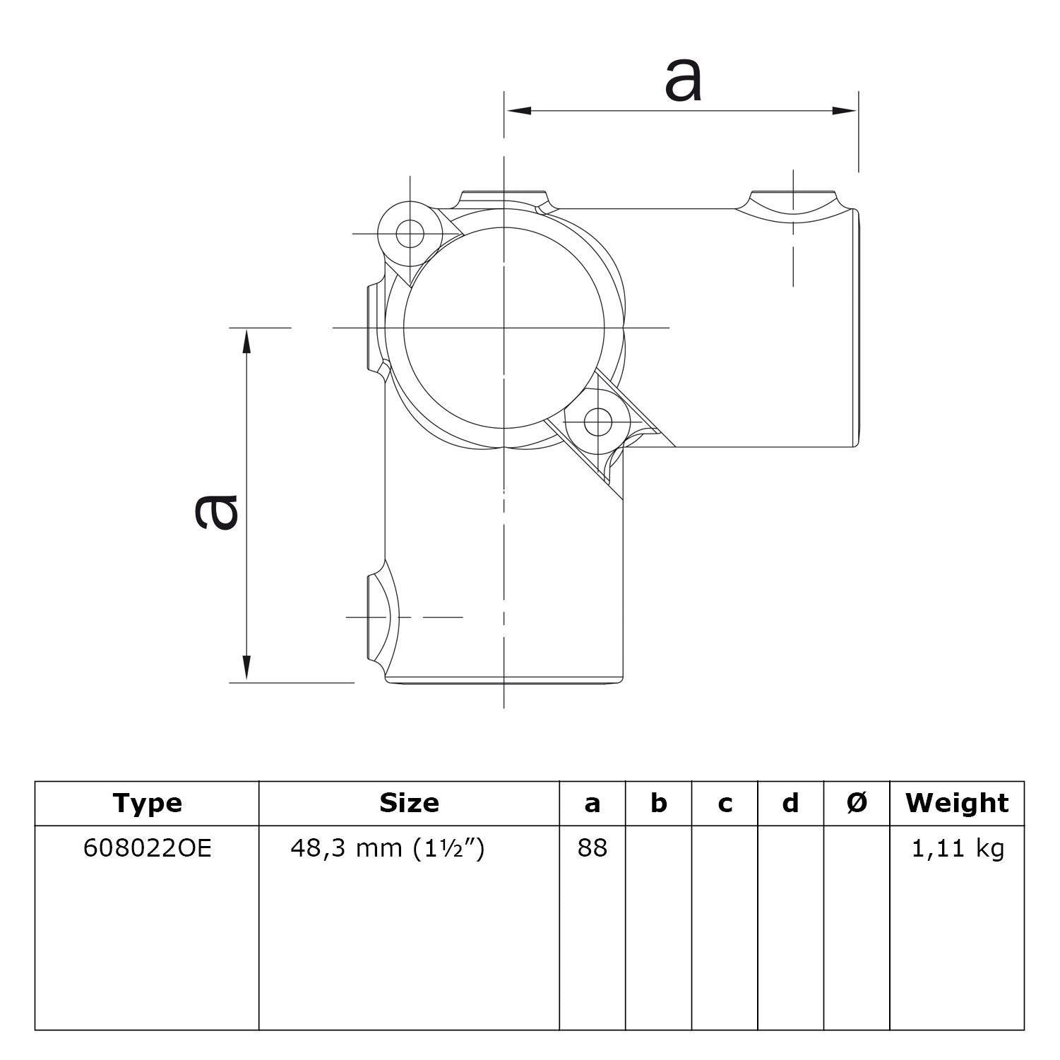 Kruisstuk 1-vlak open 48,3 mm technische tekening