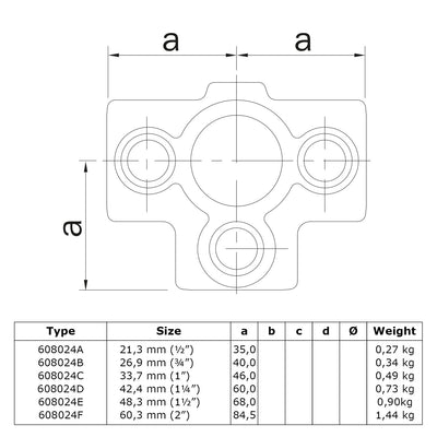 T-stuk zij-uitgang 26,9 mm technische tekening