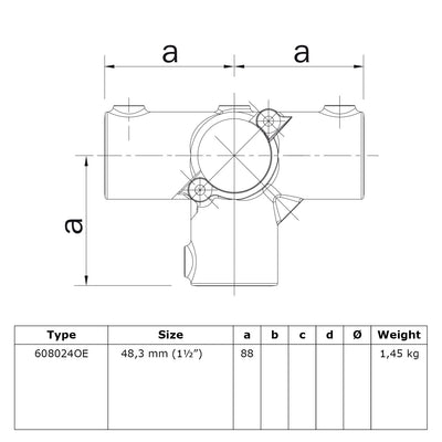 T-stuk zij-uitgang open 48,3 mm technische tekening