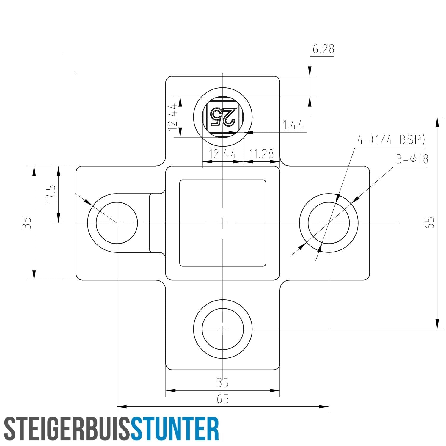 Kruisstuk 4-weg 25 mm vierkant