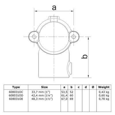 T-stuk openklapbaar 33,7 mm technische tekening