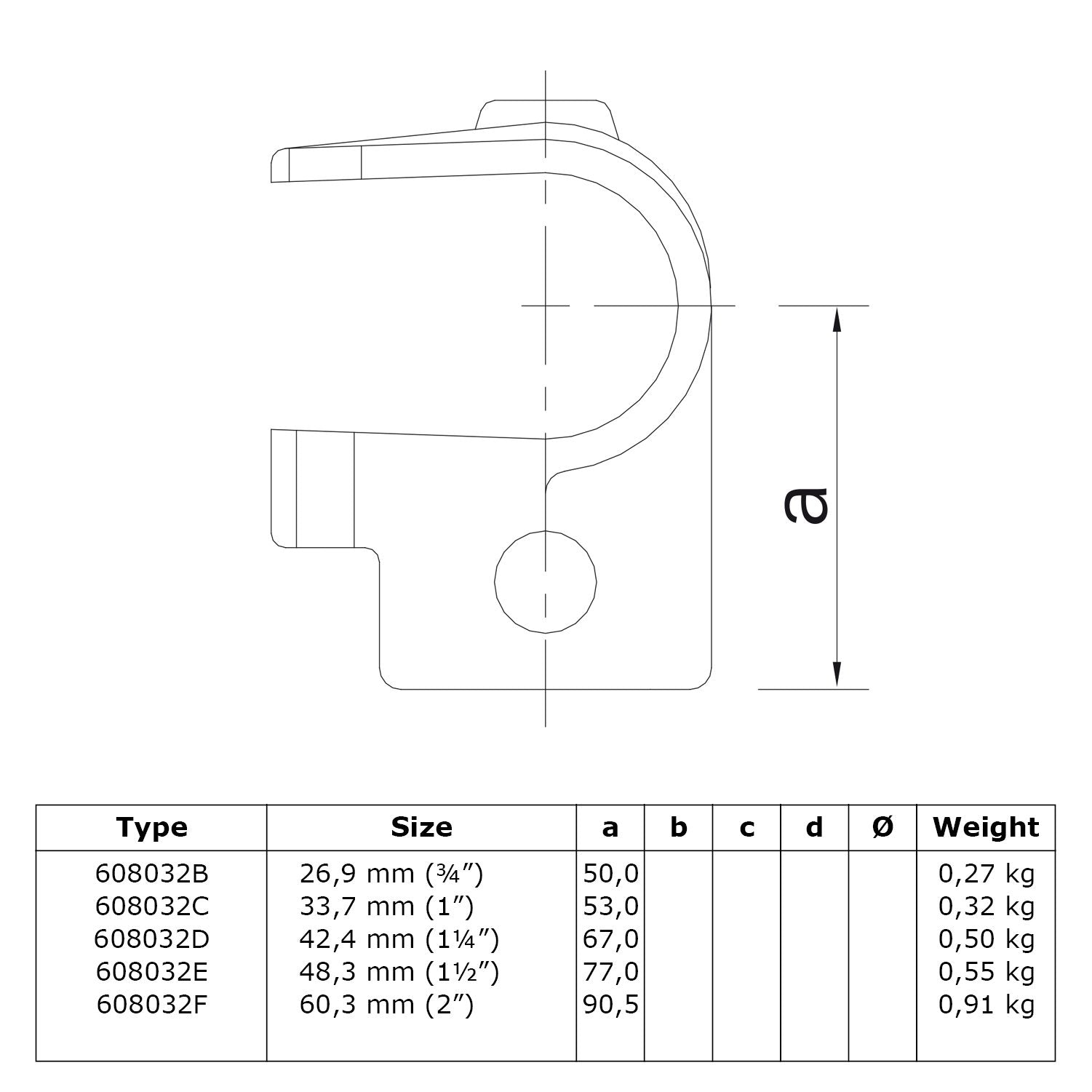 T-stuk open 48,3 mm technische tekening