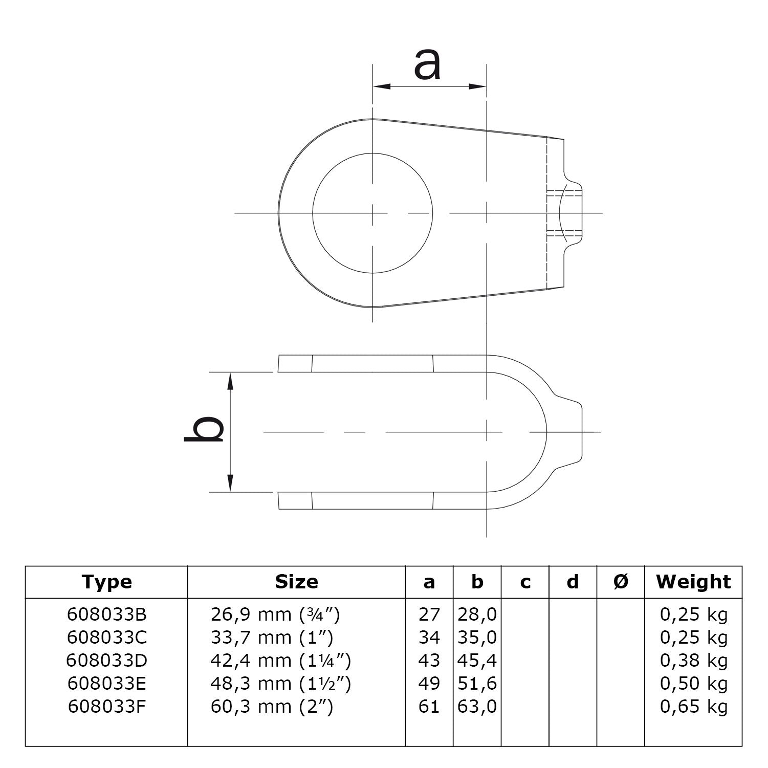 Kruisstuk open 42,4 mm technische tekening