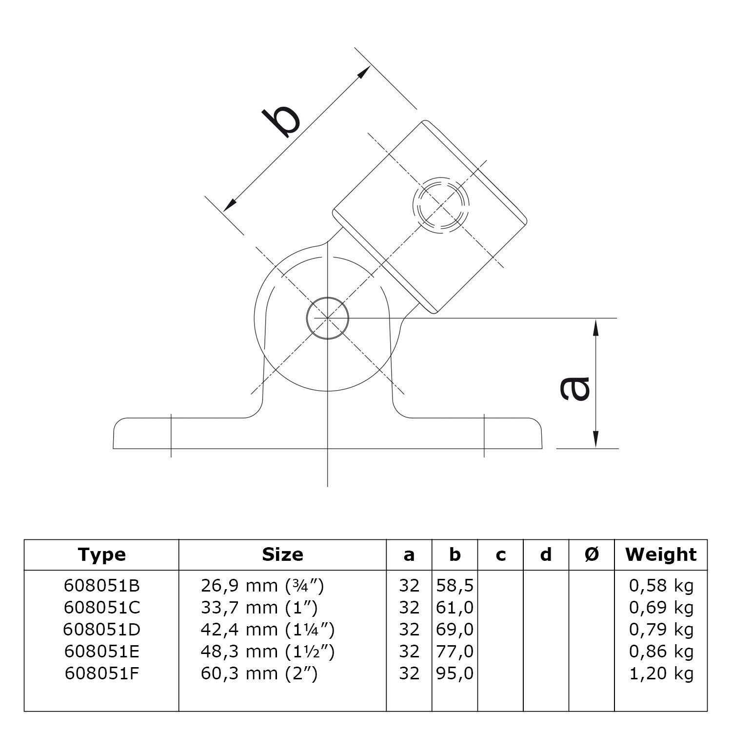 Scharniervoet 48,3 mm technische tekening