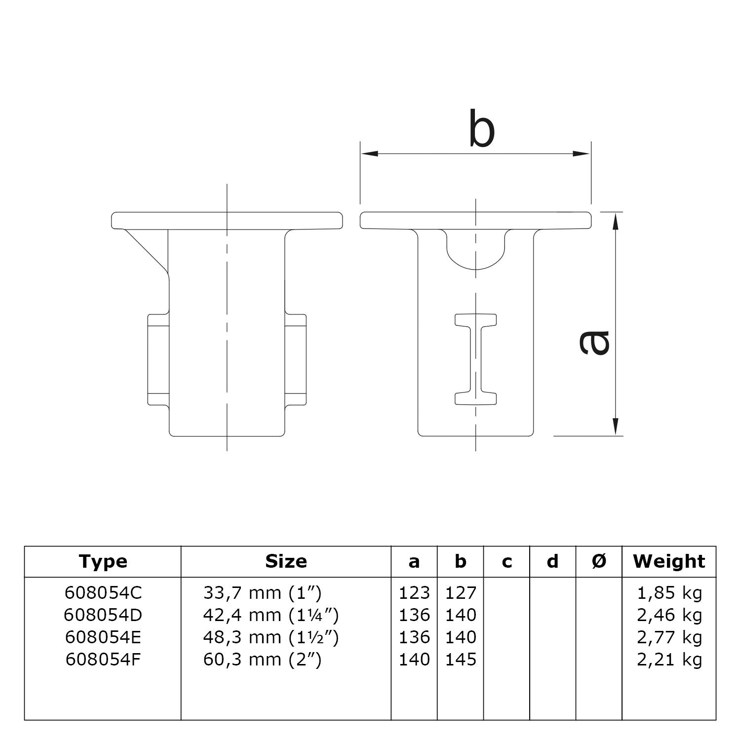 Straatpot 33,7 mm technische tekening