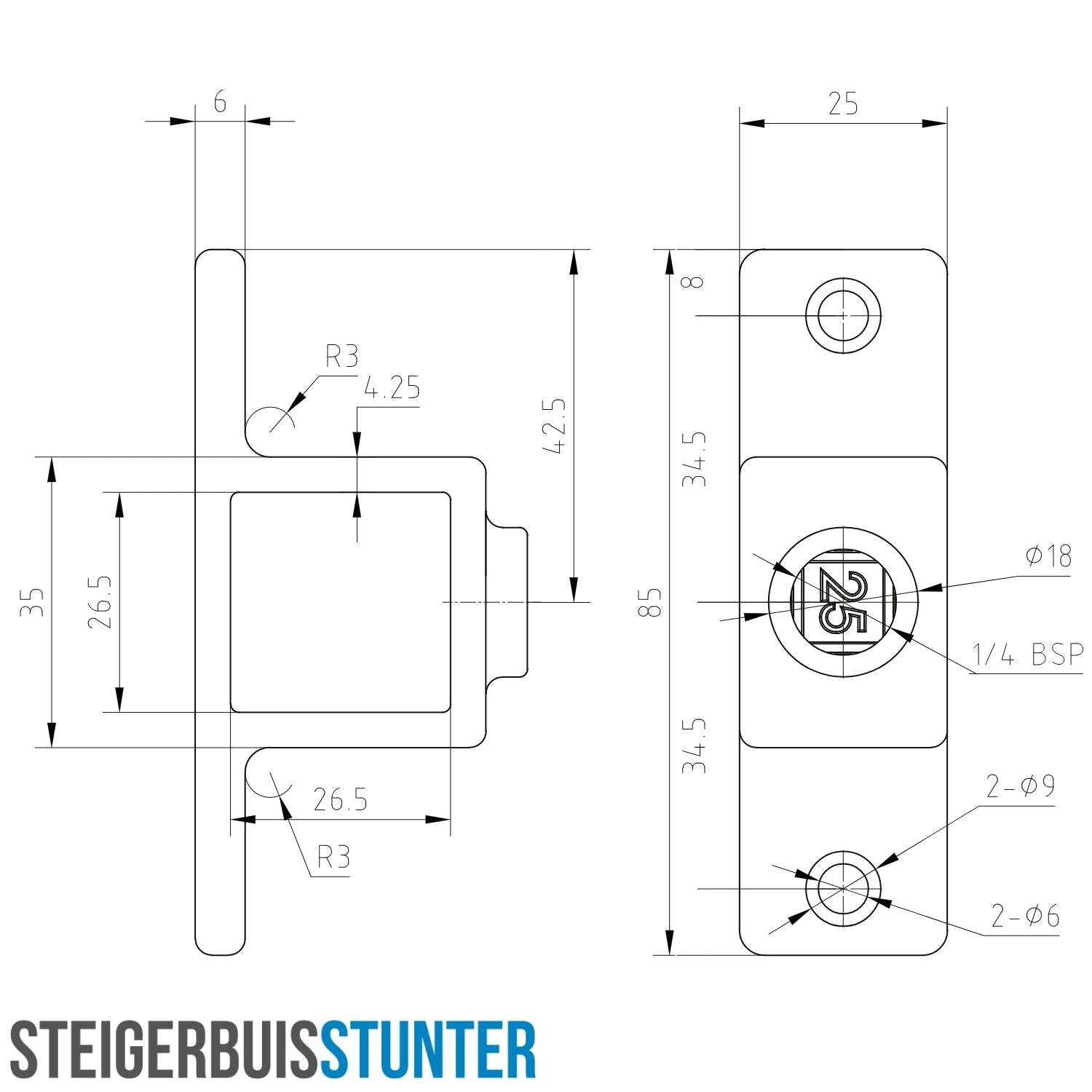 Bevestigingsring dubbel 25 mm vierkant