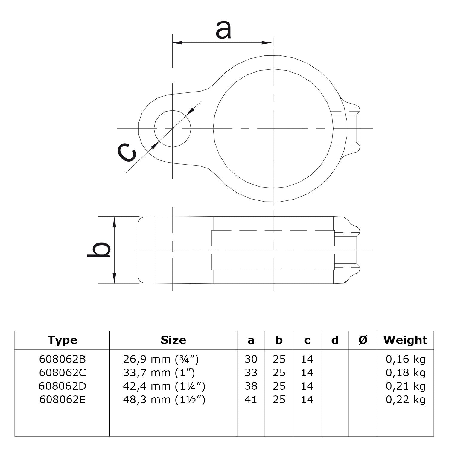Scharnieroog 42,4 mm technische tekening