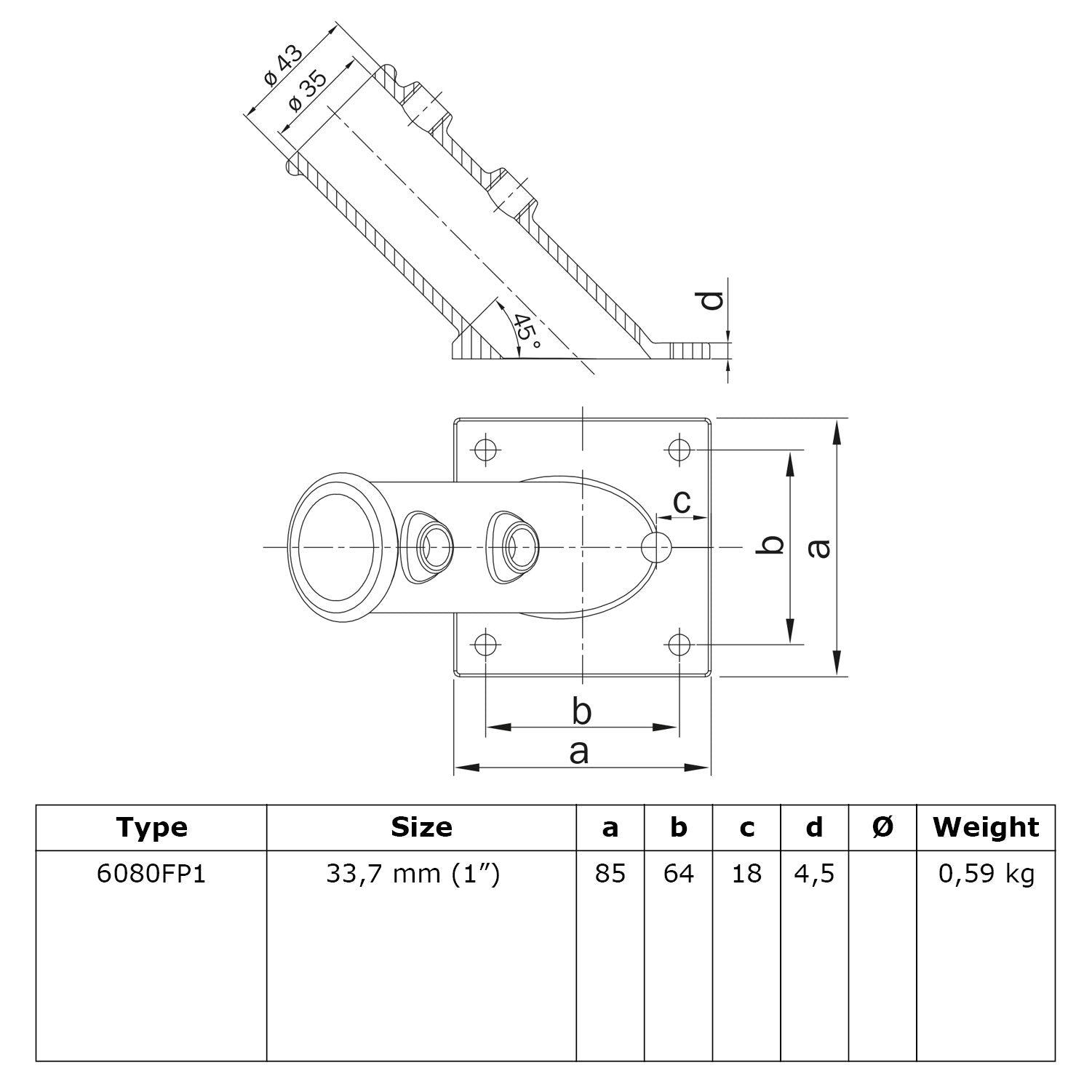 Vlaggenstokhouder 33,7 mm technische tekening