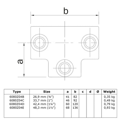 T-stuk lang zwart 42,4 mm technische tekening
