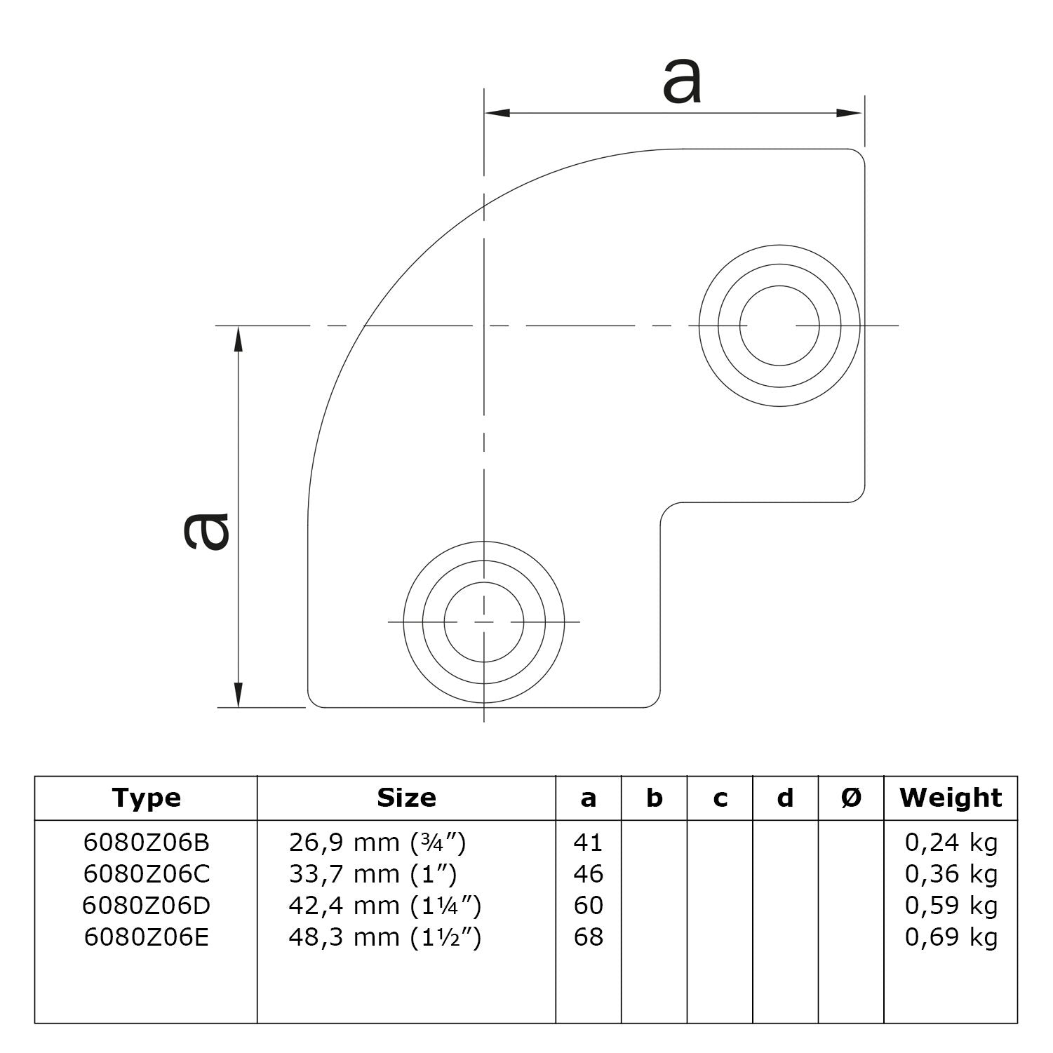 Kniestuk 2-weg 90º zwart 26,9 mm technische tekening