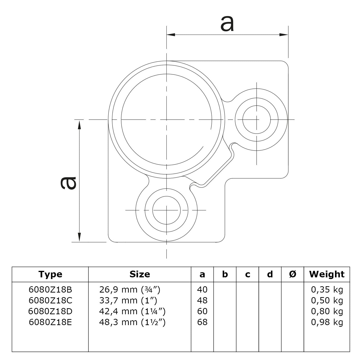 Kniestuk 3-weg 90º zwart 33,7 mm technische tekening