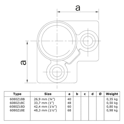 Kniestuk 3-weg 90º zwart 48,3 mm technische tekening