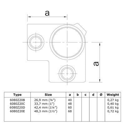 Hoekstuk 90º zwart 48,3 mm technische tekening