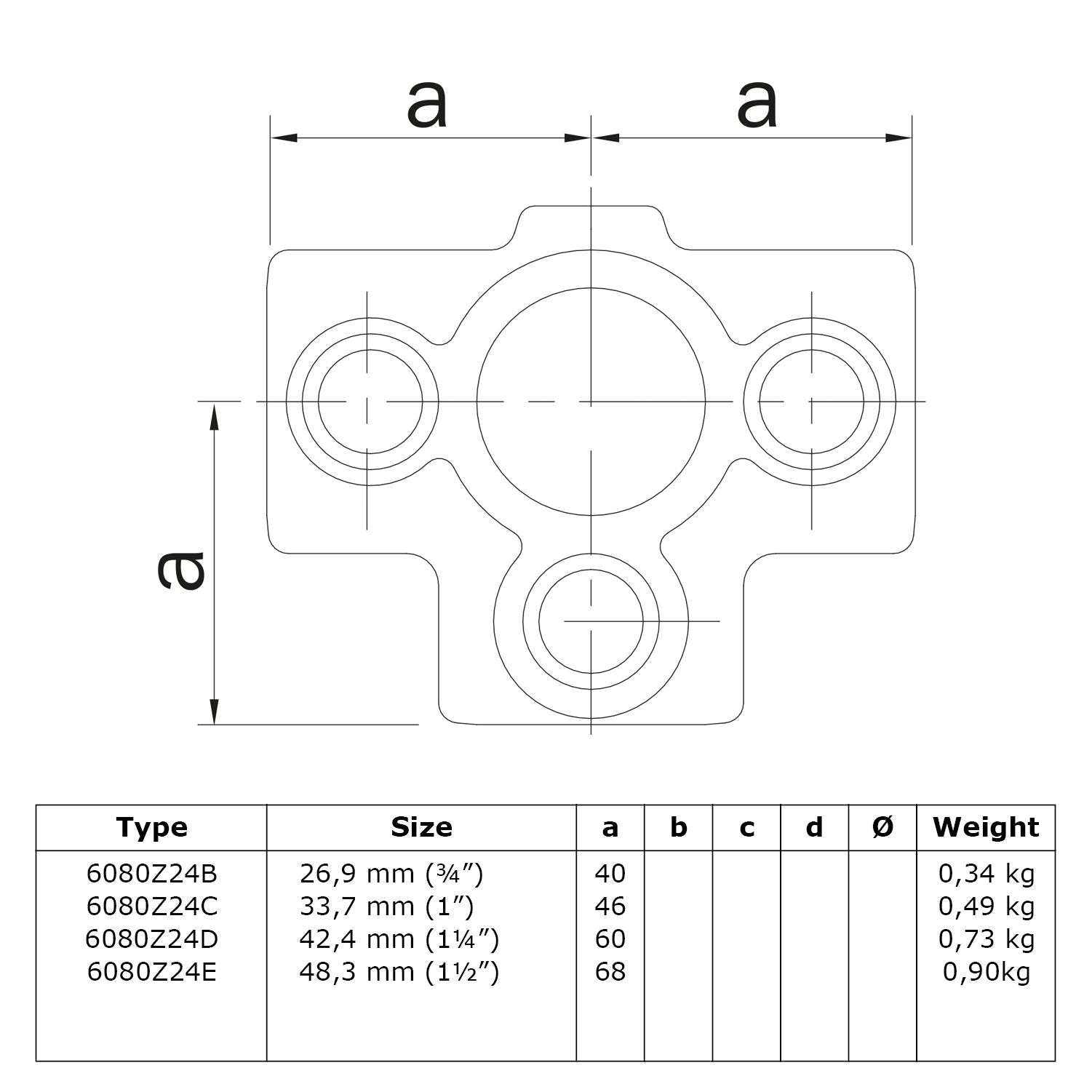 T-stuk zij-uitgang zwart 26,9 mm technische tekening