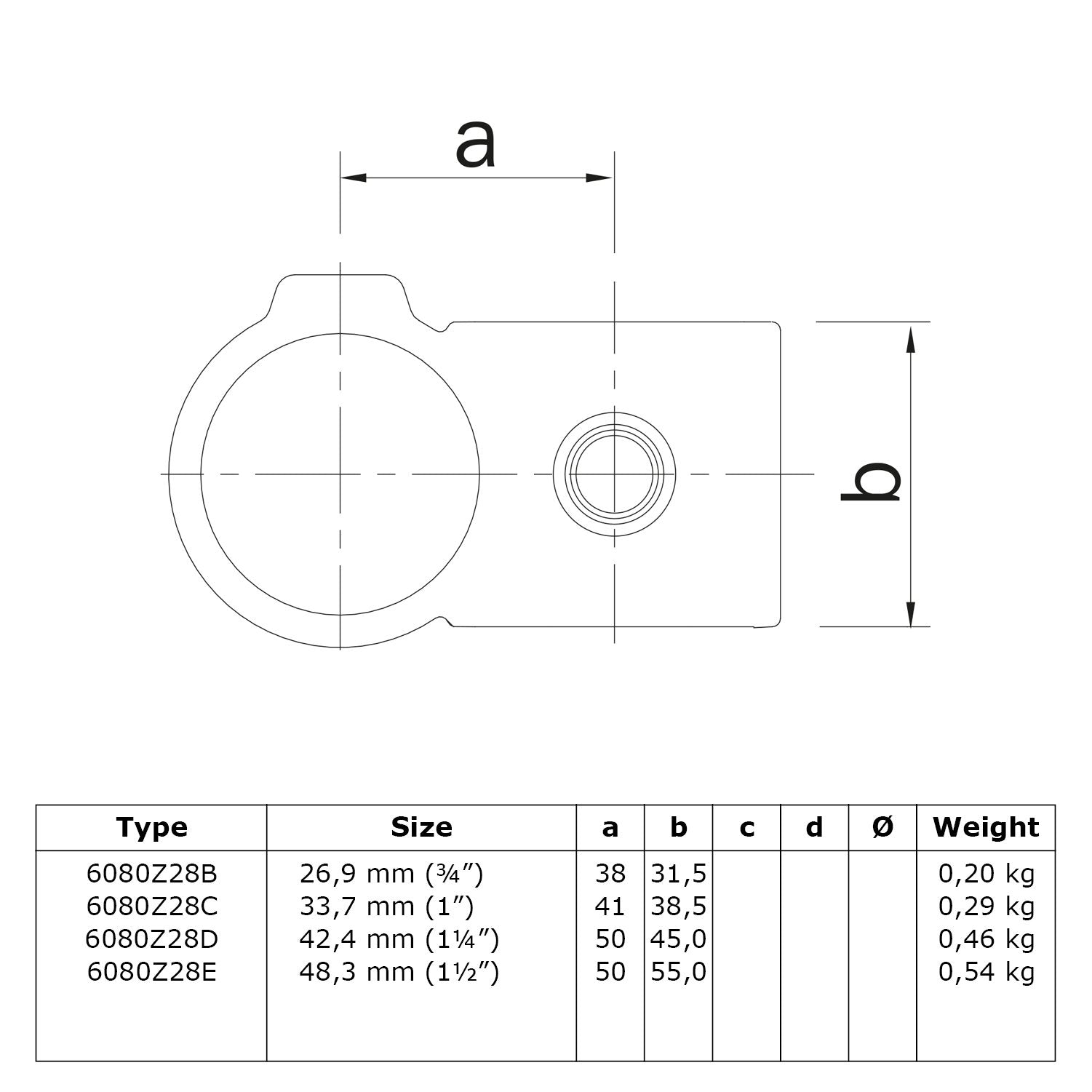 Kruisstuk 90º zwart 42,4 mm technische tekening