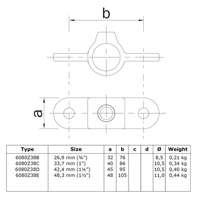 Oogdeel dubbel scharnierstuk 180º zwart 48,3 mm technische tekening