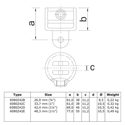 Hulsdeel scharnierstuk zwart 33,7 mm technische tekening