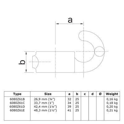 Haak zwart 48,3 mm technische tekening