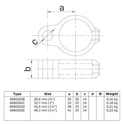 Scharnieroog zwart 33,7 mm technische tekening