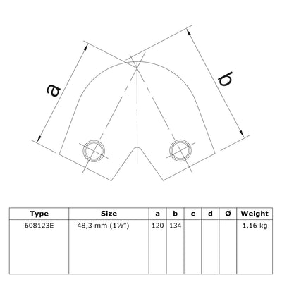 Kniestuk 2-weg 40º - 70º 48,3 mm technische tekening