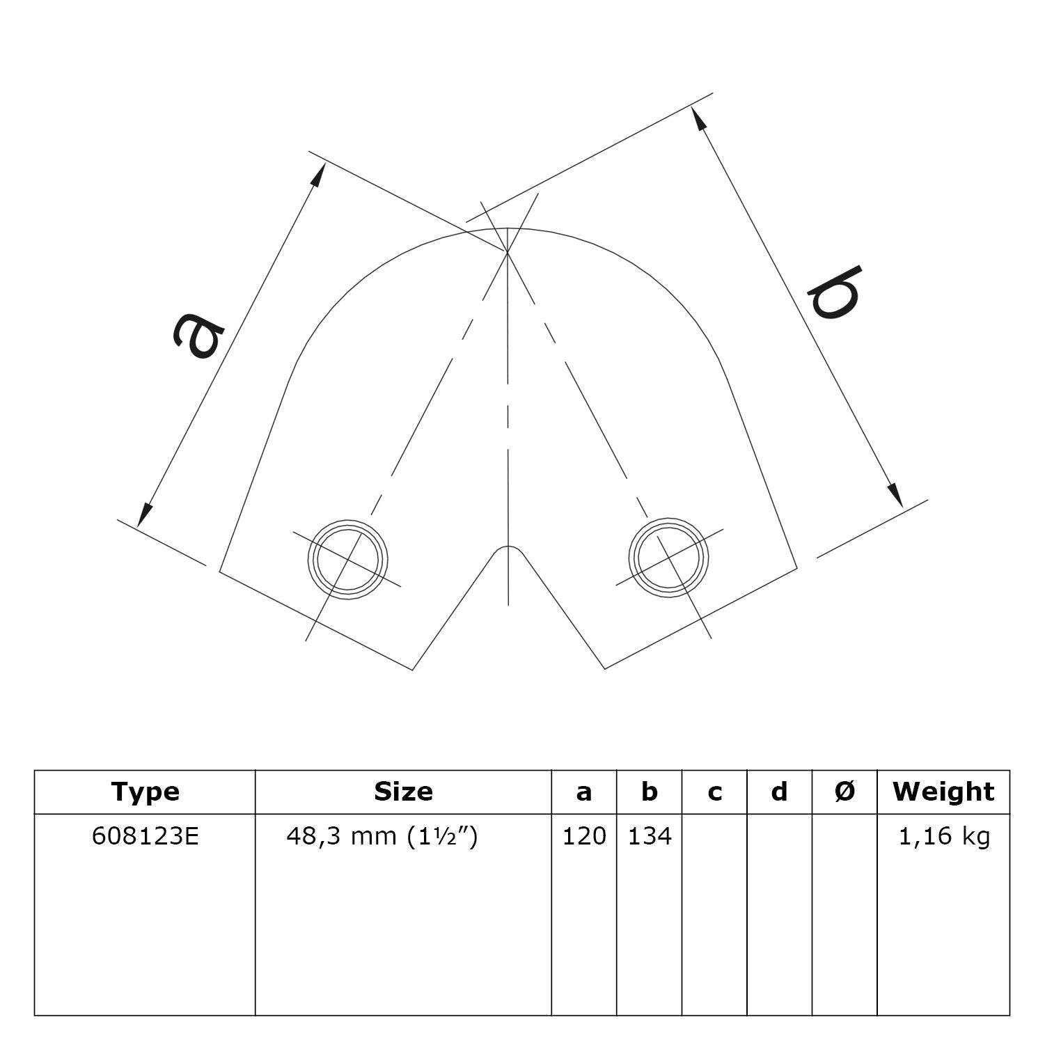 Kniestuk 2-weg 40º - 70º 48,3 mm technische tekening